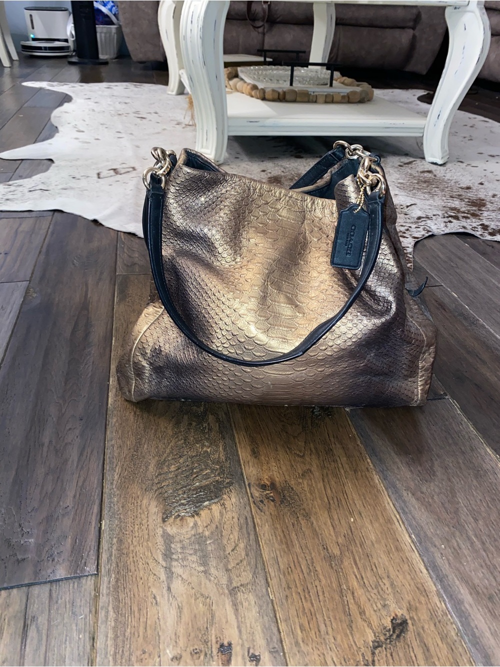 Coach Metallic Bronze Snake-Embossed Hobo with Black Strap
